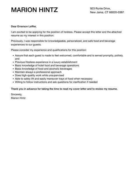 hostess cover letter